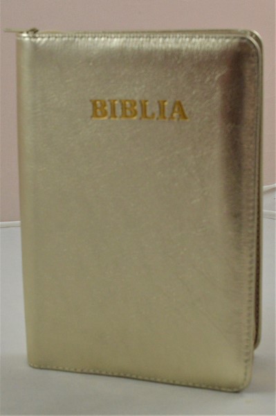 Biblia din piele, medie, auriu sidefat, fermoar, aurita, cuv. lui Isus cu rosu [052]