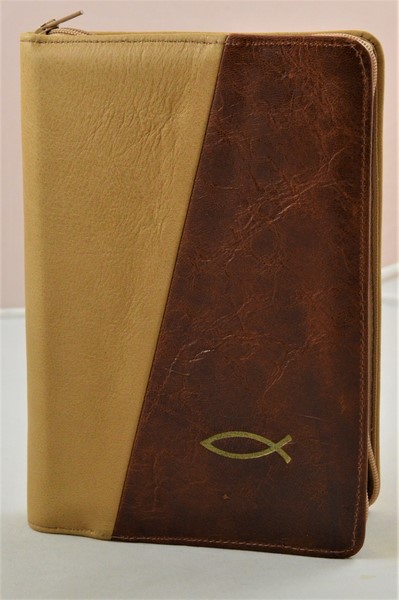 Biblia din piele, medie, maro deschis/maro roscat, fermoar, aurita, simbolul peste, cuv. lui Isus cu rosu [052]