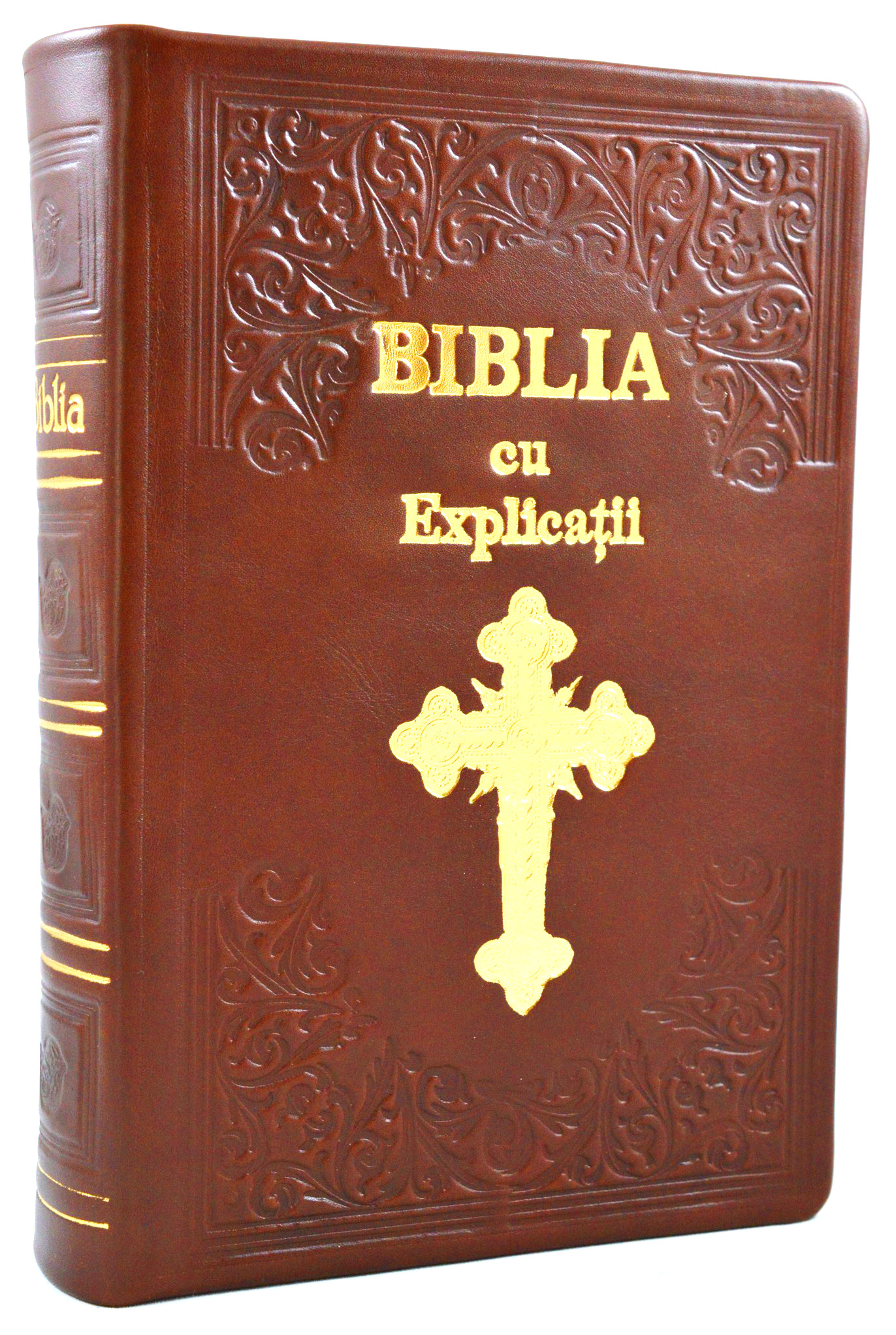 Biblia Handmade, mare, cu concordanta si explicatii, piele, maro, aurita, cu cruce, cuv. lui Isus cu rosu [CO 77 HM]