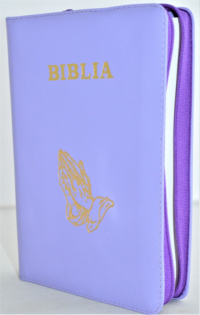 Biblia din piele, marime medie, lila, fermoar, simbol maini in ruga, cuv. lui Isus cu rosu [053]