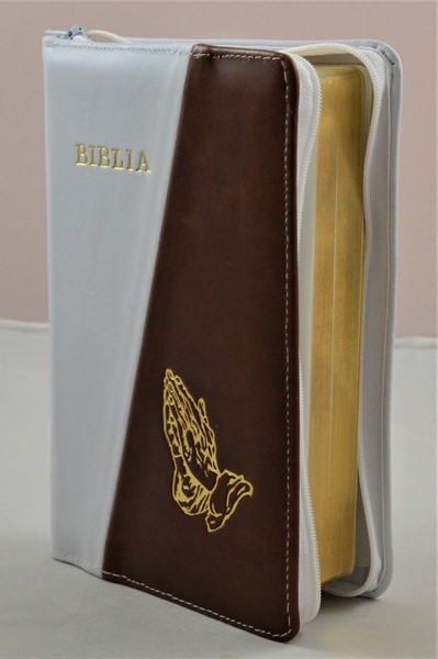 Biblia din piele, medie, alb/visiniu, fermoar, aurita, simbolul maini in ruga, cuv. lui Isus cu rosu [052]