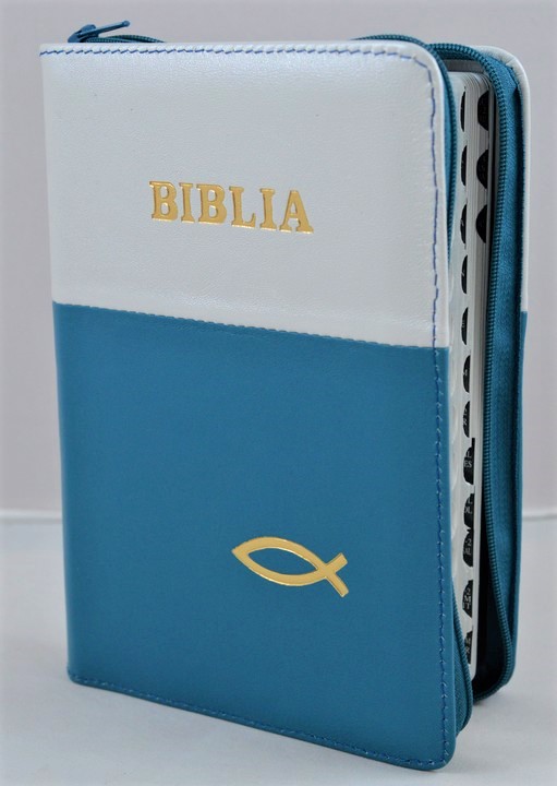 Biblie din piele, marime medie, culoare albastru turcoaz cu alb, simbol peste, fermoar, index, margini argintii, cuv. lui Isus cu rosu [SB 057 PFI]