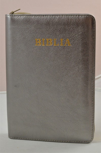 Biblia din piele, medie, argintiu sidefat, fermoar, aurita, cuv. lui Isus cu rosu [052]