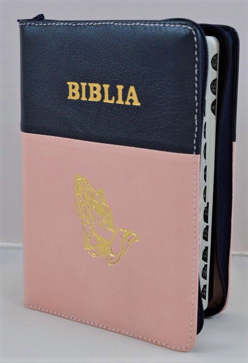 Biblie din piele, marime medie, culoare roz cu negru , simbol maini in rugaciune, fermoar, index, margini argintii, cuv. lui Isus cu rosu [SB 057 PFI]