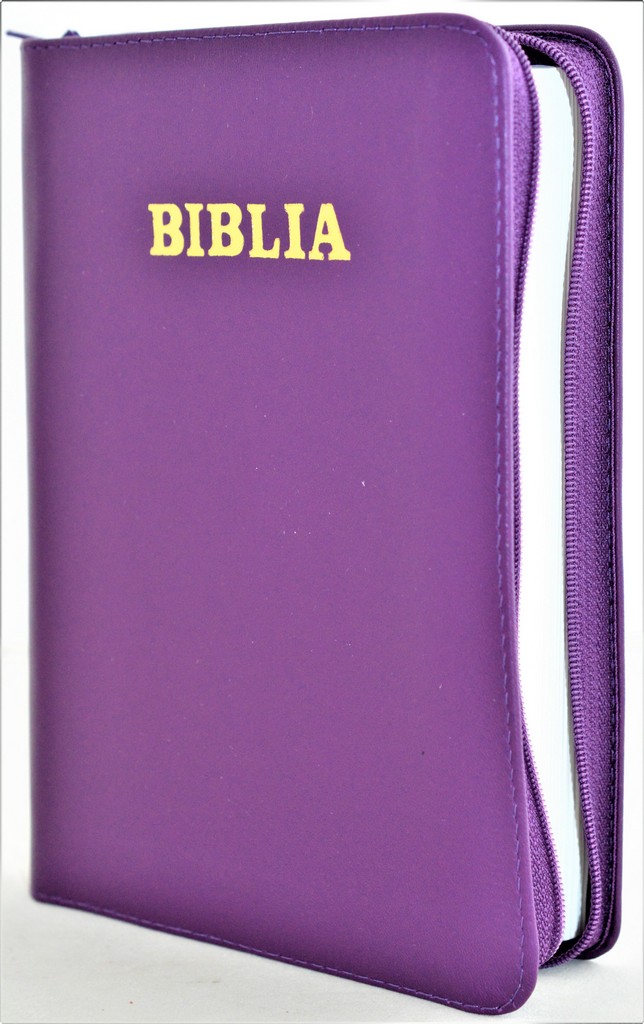 Biblia din piele, marime medie, mov, fermoar, cuv. lui Isus cu rosu [053]