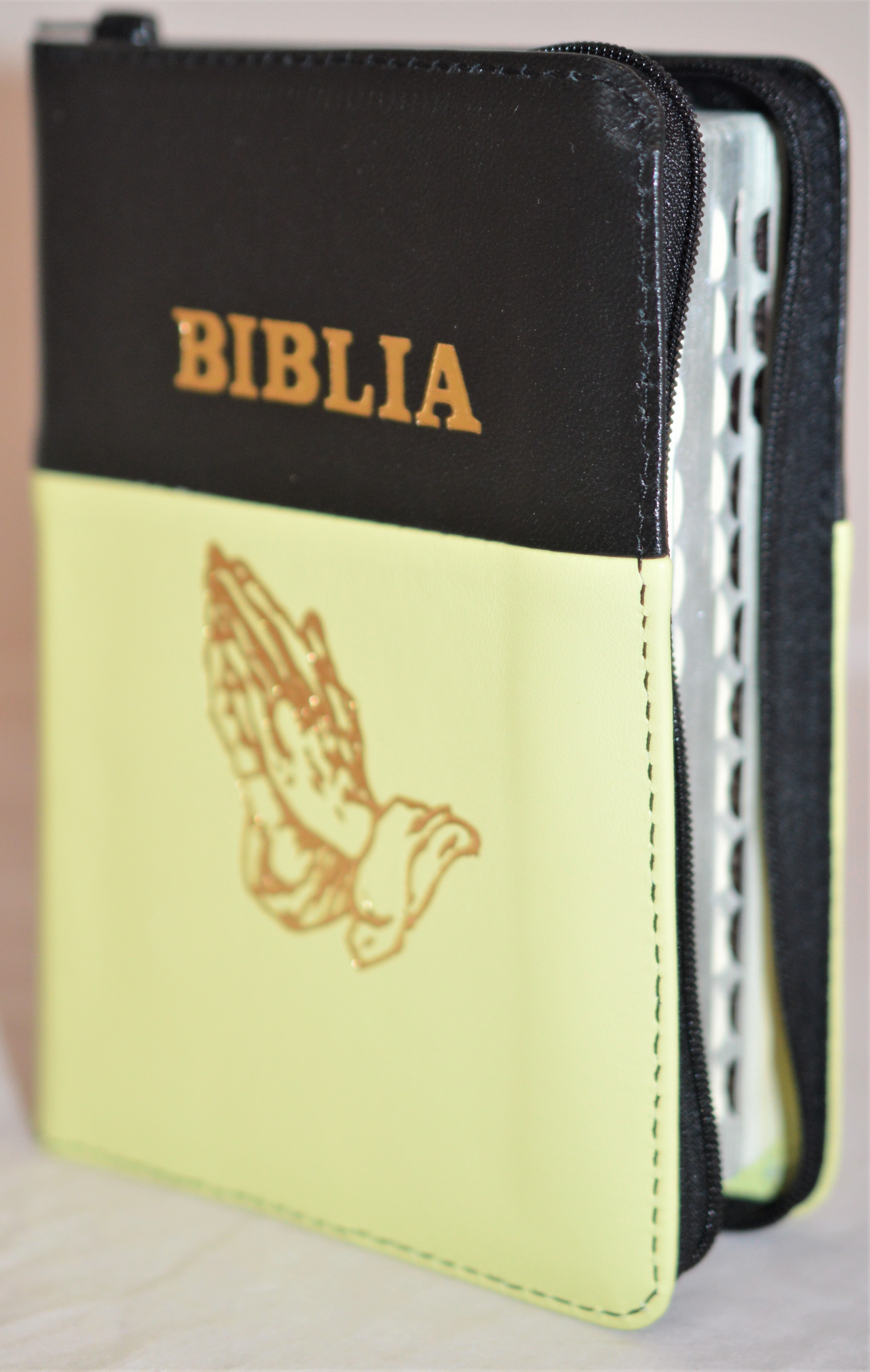 Biblia format mic, din piele, culoare negru cu verde deschis, index, fermoar, margini argintii, simbolul maini, cuv. lui Isus in rosu [047 PFI]