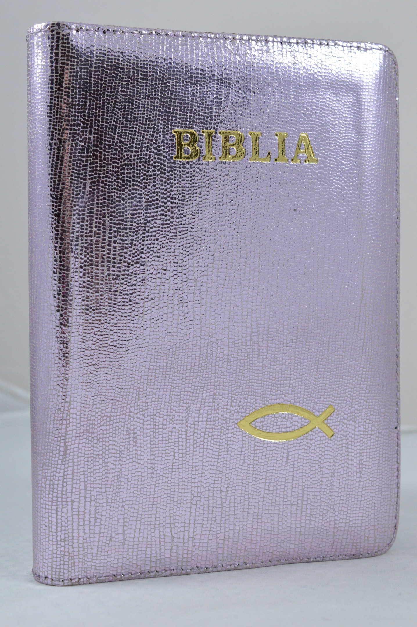 Biblia din piele, medie, mov sidefat, fermoar, simbol peste, cuv. lui Isus cu rosu [052]