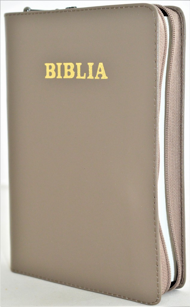Biblia din piele, marime medie, kaki, fermoar, cuv. lui Isus cu rosu [053]
