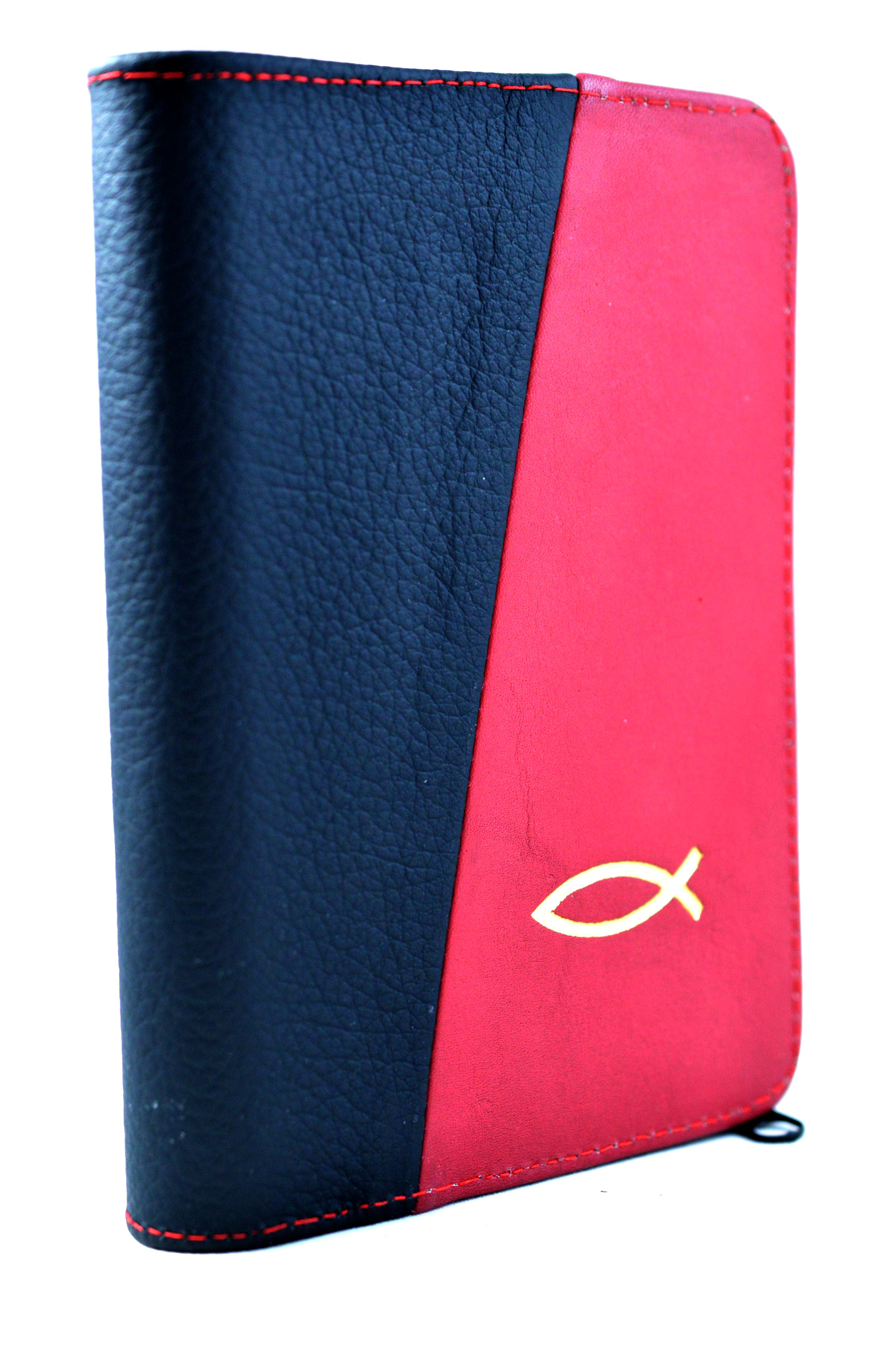 Biblie marime mica, din piele, negru / rosu, fermoar, simbol peste [043 PF]