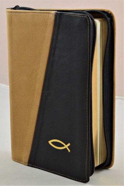 Biblia din piele, medie, maro deschis/negru, fermoar, aurita, simbolul peste, cuv. lui Isus cu rosu [052]