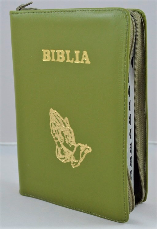 Biblie din piele, marime medie,culoare verde fermoar, index,simbol maini in ruga margini argintii, cuv. lui Isus cu rosu [SB 057 PFI]