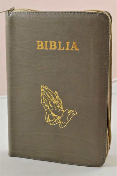 Biblia din piele, medie, castaniu, fermoar, aurita, simbolul maini in ruga, cuv. lui Isus cu rosu [052]