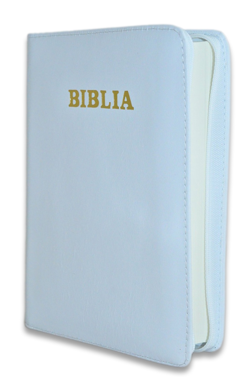 Biblia din piele, marime medie,culoare alba, margini albe, fermoar, cuv. lui Isus cu rosu [053]