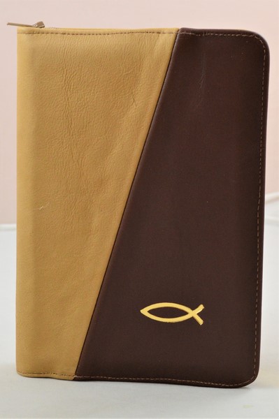 Biblia din piele, medie, maro deschis/visiniu inchis, fermoar, aurita, simbolul peste, cuv. lui Isus cu rosu [052]