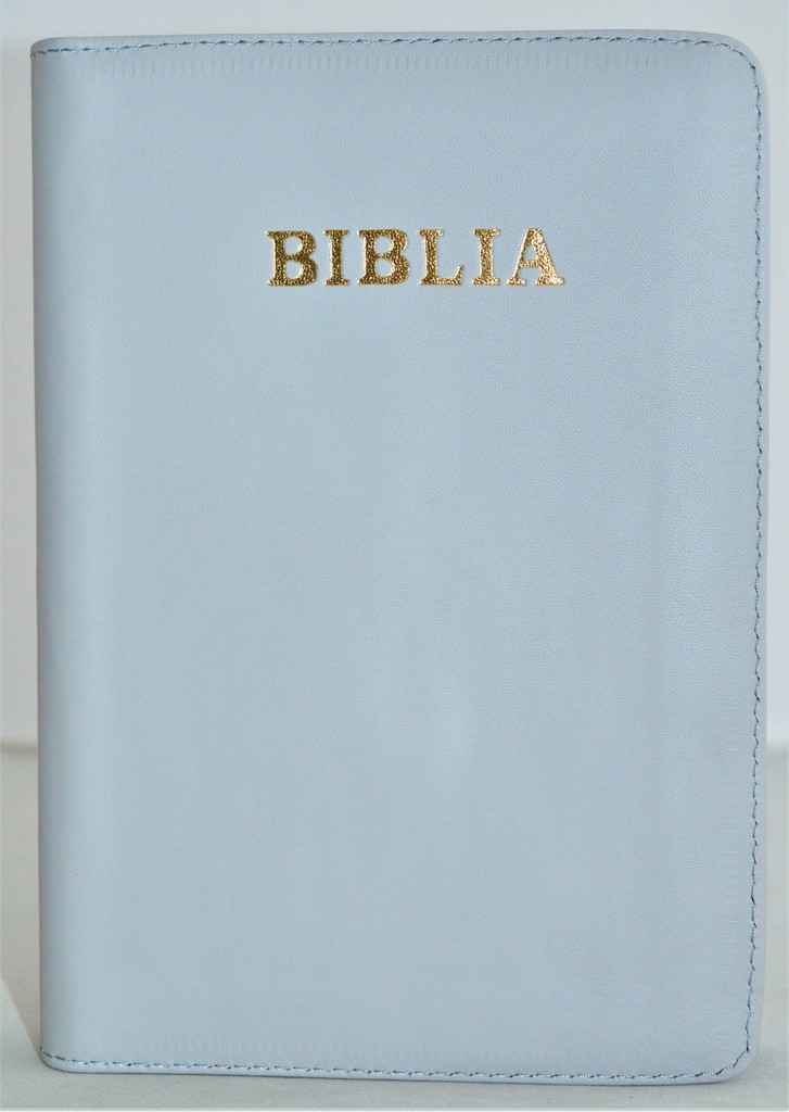 Biblia din piele, marime medie, gri deschis, fermoar, cuv. lui Isus cu rosu [053]