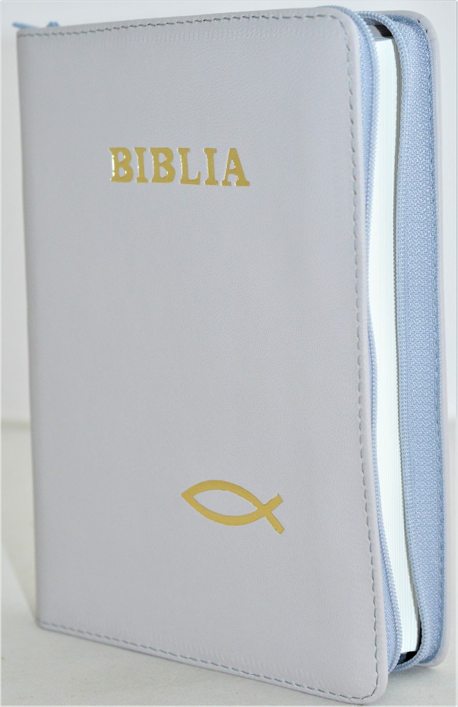 Biblia din piele, marime medie, culoare gri deschis, fermoar, simbol peste, cuv. lui Isus cu rosu [053]