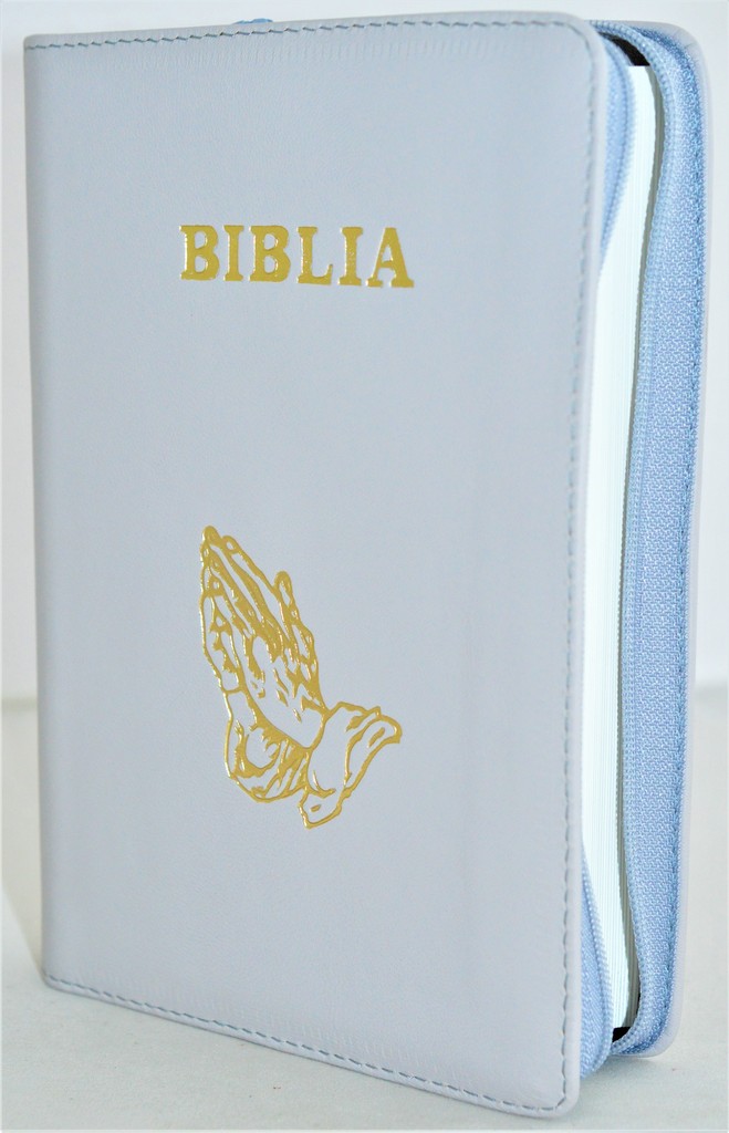 Biblia din piele, marime medie, gri deschis, fermoar, simbol maini in ruga, cuv. lui Isus cu rosu [053]