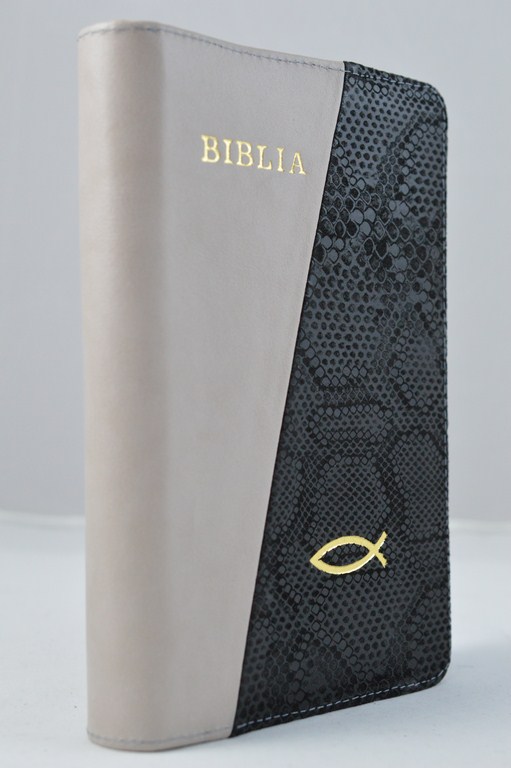 Biblia din piele, marime medie, gri cu negru, piele de sarpe, cu peste, fermoar, margini aurii, cuv. lui Isus cu rosu [052]