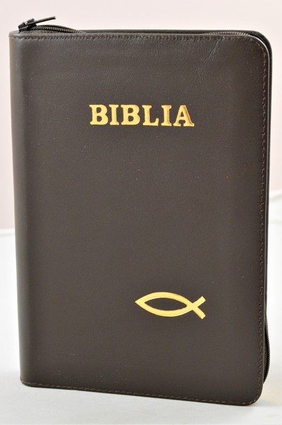 Biblia din piele, medie, maro inchis, fermoar, aurita, simbolul peste, cuv. lui Isus cu rosu [052]