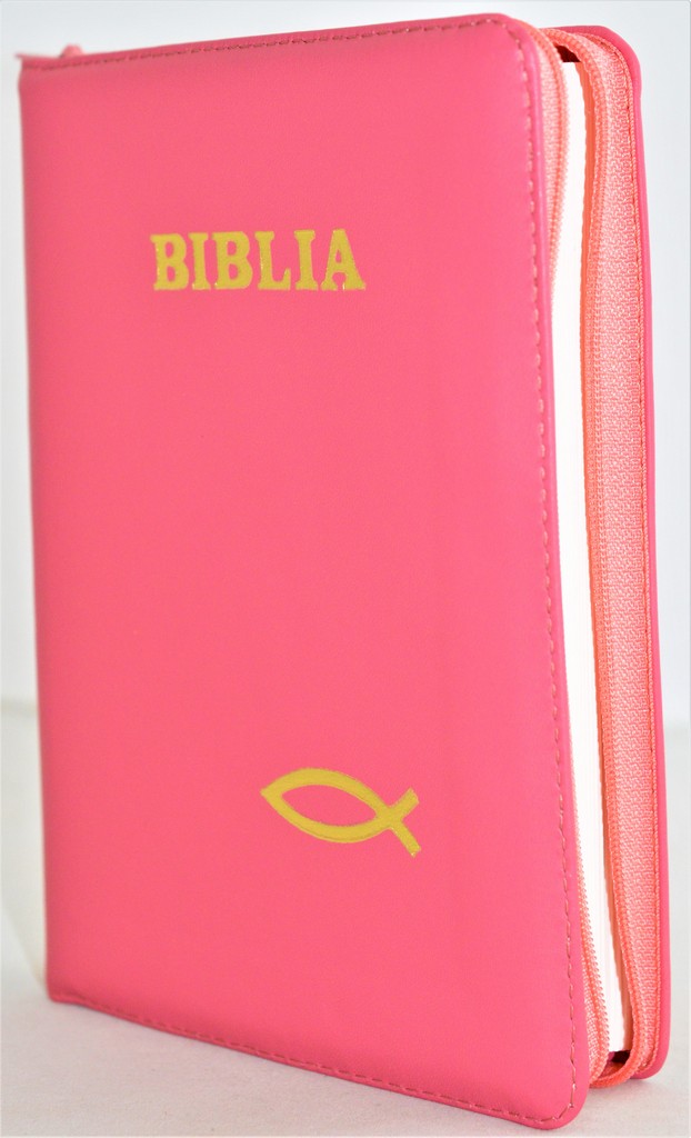 Biblia din piele, marime medie, culoare roz coral, fermoar, simbol peste, cuv. lui Isus cu rosu [053]