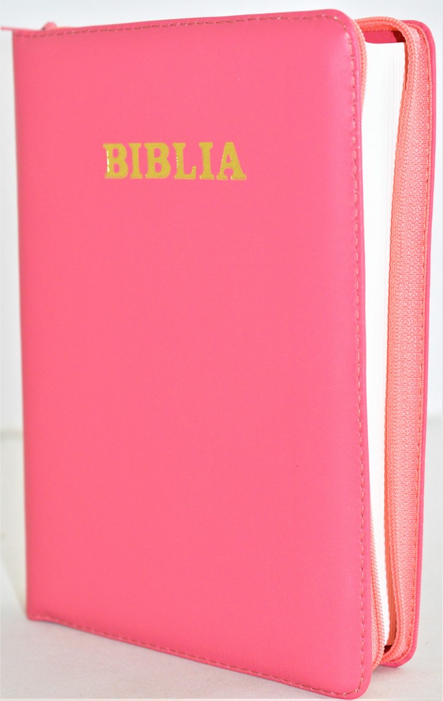Biblia din piele, marime medie, roz coral, fermoar, cuv. lui Isus cu rosu [053]