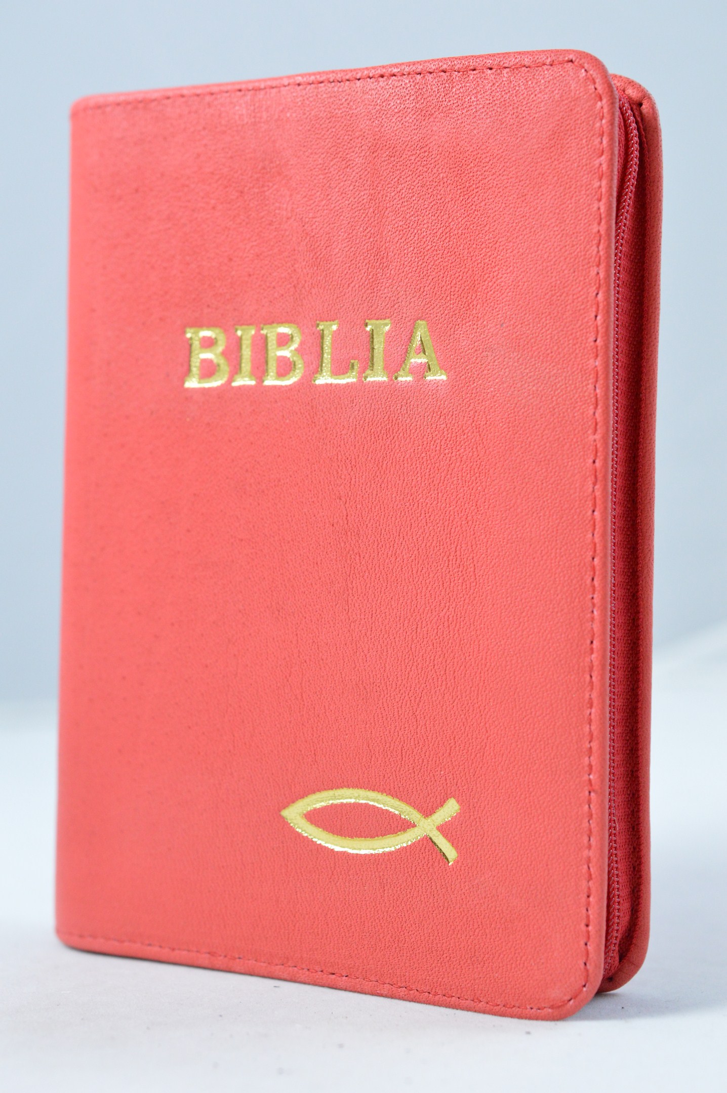 Biblie marime mica, din piele, rosu coral, fermoar, simbol peste [043 PF]