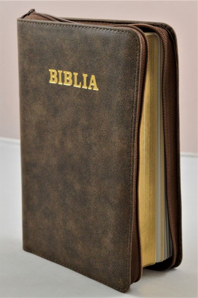 Biblia din piele, medie, nuante de maro, fermoar, aurita, cuv. lui Isus cu rosu [052]