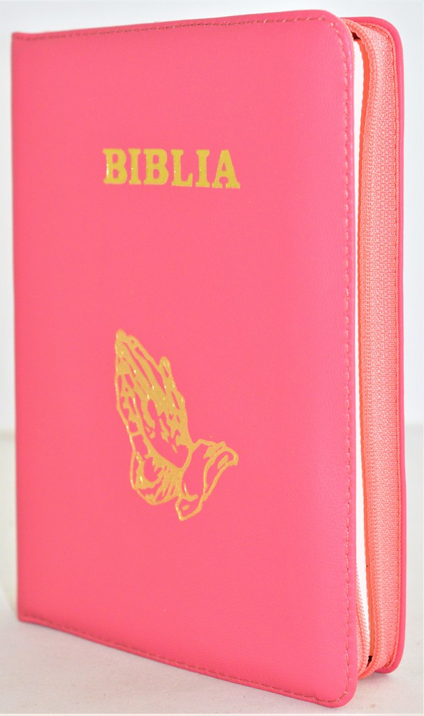 Biblia din piele, marime medie, roz coral, fermoar, simbol maini in ruga, cuv. lui Isus cu rosu [053]
