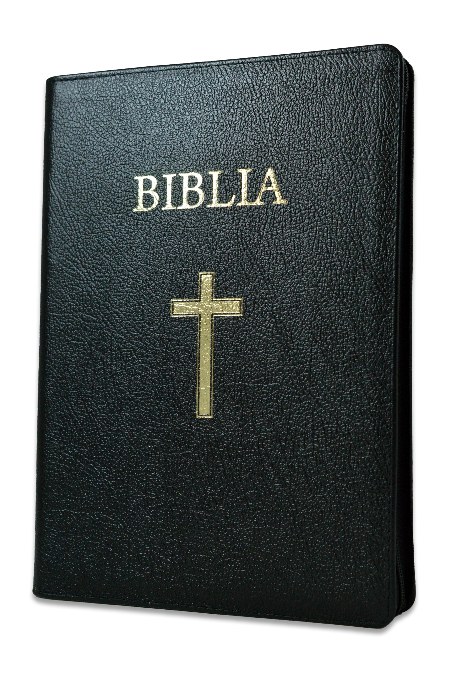 Biblia marime mare, din piele, cu index lateral, neagra, margini aurii, fermoar, cu cruce [073 PFI]