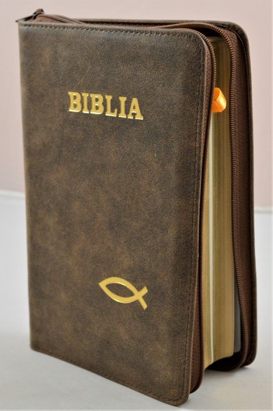 Biblia din piele, medie, nuante de maro, fermoar, aurita, simbolul peste, cuv. lui Isus cu rosu [052]