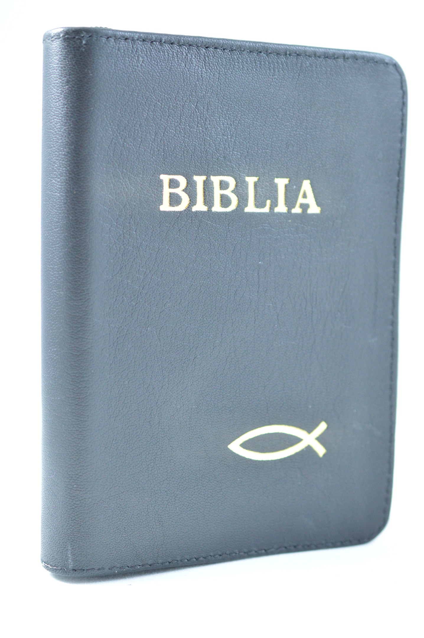 Biblie marime mica, din piele, culoare bleu inchis, fermoar, simbol peste [043 PF]