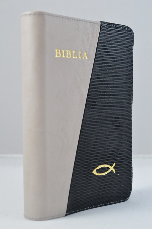 Biblia din piele, marime medie, negru / gri cu peste , fermoar, aurita, cuv. lui Isus cu rosu [052]