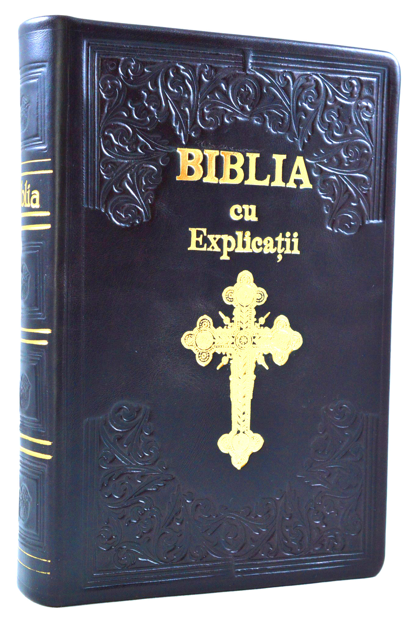 Biblia Handmade, mare, cu concordanta si explicatii, piele, maro inchis, aurita, simbol cruce, cuv. lui Isus cu rosu [CO 77 HM]