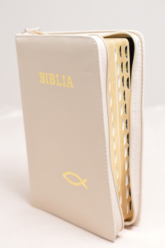 Biblie din piele, marime medie, culoare crem, simbol peste, fermoar, index, margini aurii, cuv. lui Isus cu rosu [SB 057 PFI]