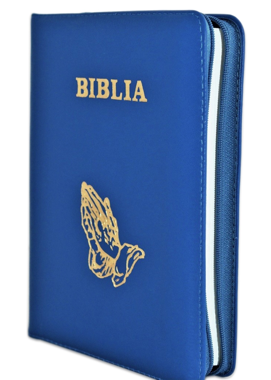 Biblia din piele, marime medie, albastru, fermoar, simbol maini in ruga, cuv. lui Isus cu rosu [053]