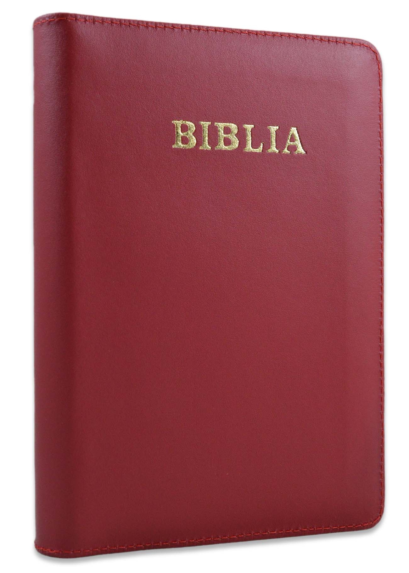 Biblie din piele, marime medie,rosu, fermoar, index, margini aurii, cuv. lui Isus cu rosu [SB 057 PFI]
