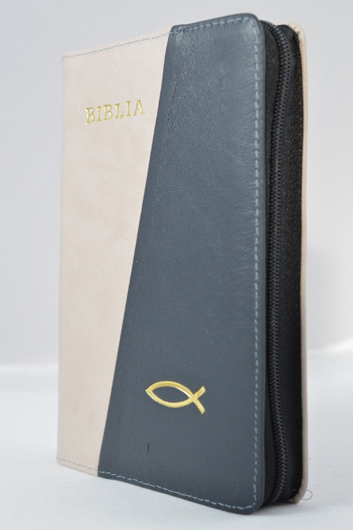 Biblia din piele, marime medie, culoare gri / negru, fermoar, cu peste, cuv. lui Isus cu rosu [053]