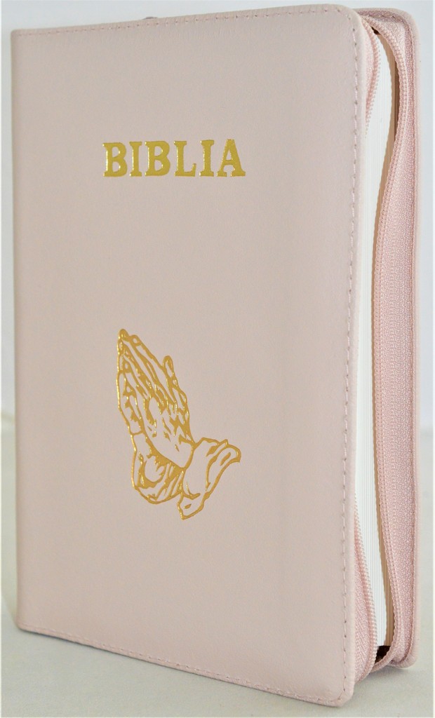 Biblia din piele, marime medie, nunanta roz pudra, fermoar, simbol maini in ruga, cuv. lui Isus cu rosu [053]