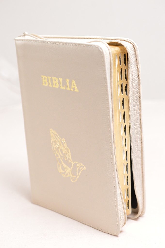 Biblie din piele, marime medie, culoare crem, simbol maini in rugaciune, fermoar, index, margini aurii, [SB 057 PFI]