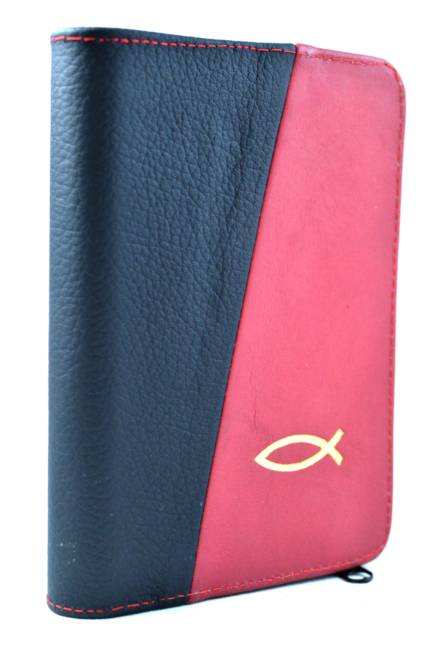 Biblie marime mica, din piele, negru / grena, fermoar, simbol peste [043 PF]