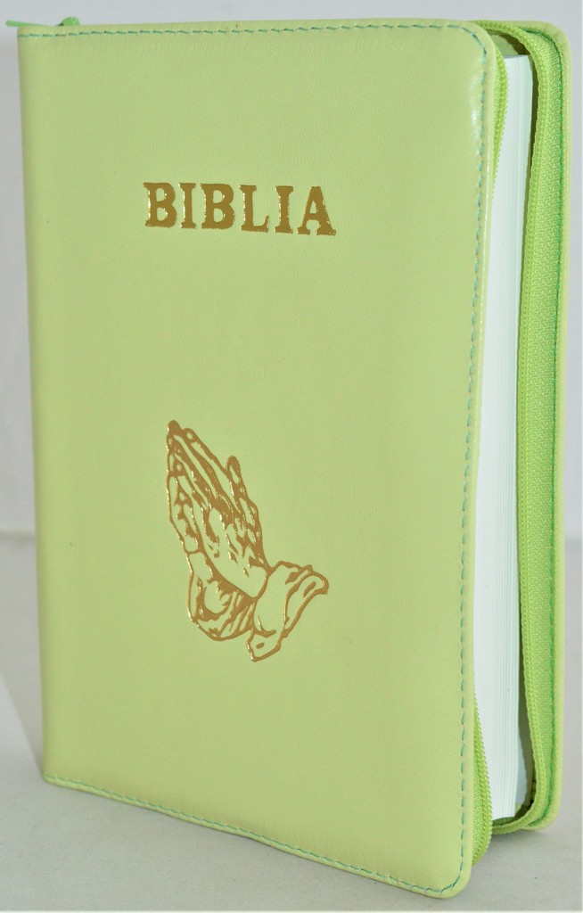 Biblia din piele, marime medie, verde deschis, fermoar, simbol maini in ruga, cuv. lui Isus cu rosu [053]
