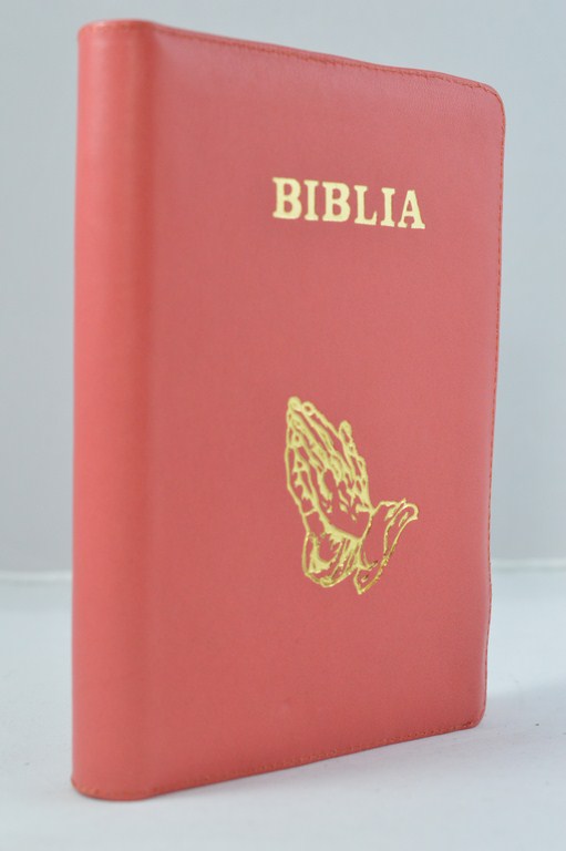 Biblia din piele, marime medie, rosu coral, fermoar, cu maini, cuv. lui Isus cu rosu [053]