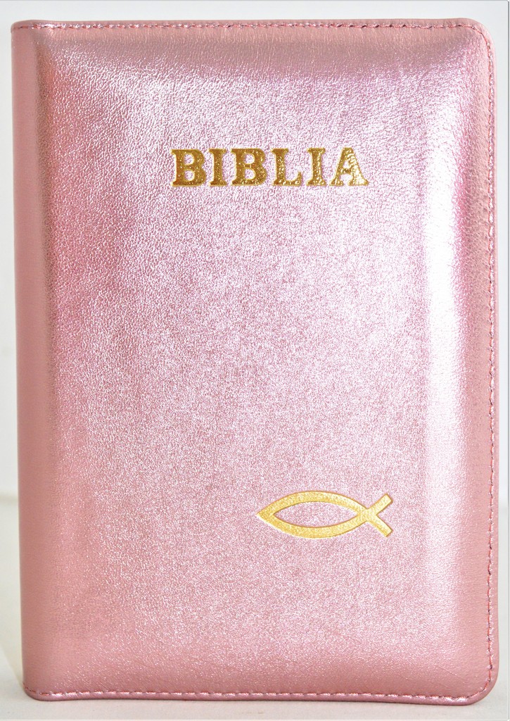 Biblia din piele, marime medie, culoare roz sidefat, fermoar, simbol peste, cuv. lui Isus cu rosu [053]