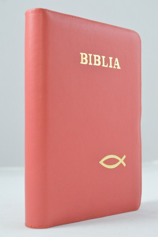 Biblia din piele, marime medie, rosu coral, fermoar, cu peste, cuv. lui Isus cu rosu [053]