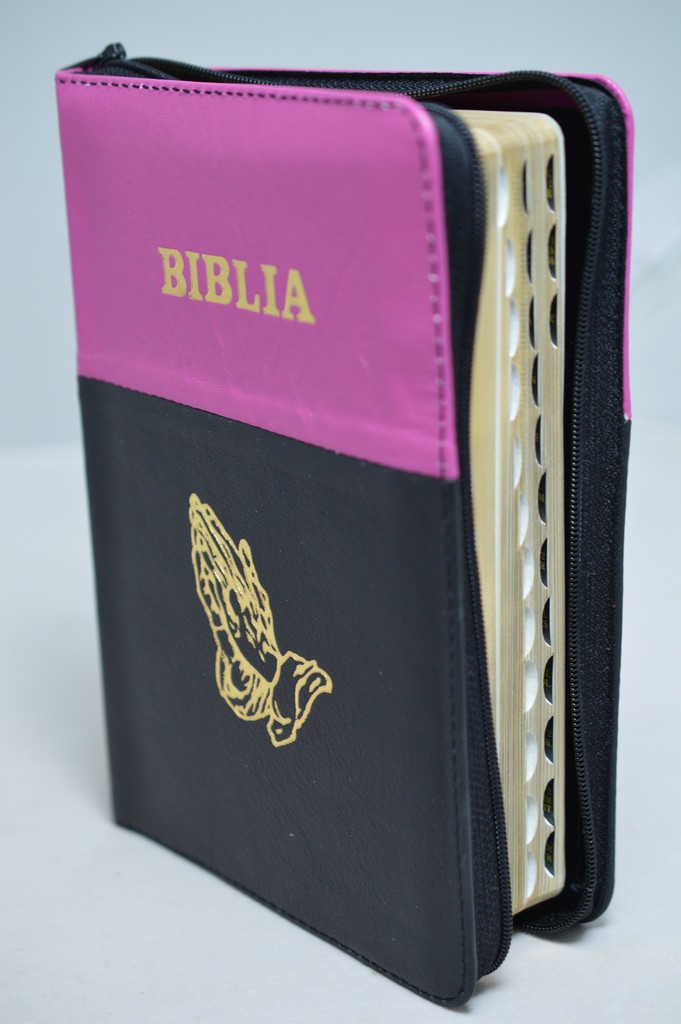 Biblie din piele, marime medie, culoare roz inchis cu negru, simbol maini in rugaciune, fermoar, index, margini aurii, [SB 057 PFI]