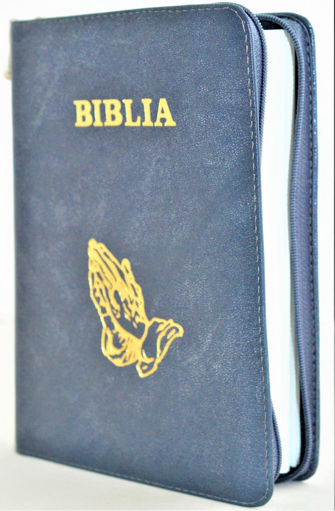 Biblia din piele, marime medie, gri antracit, fermoar, simbol maini in ruga, cuv. lui Isus cu rosu [053]