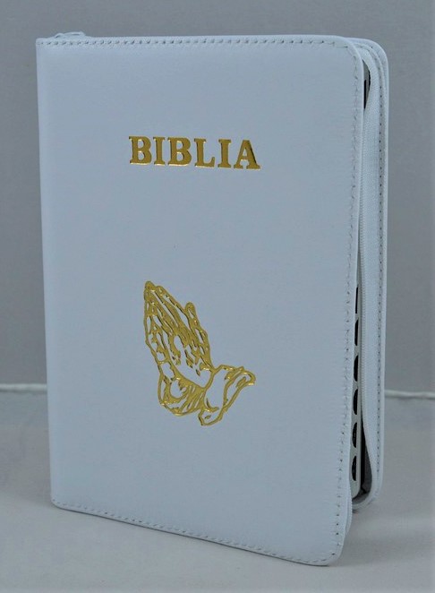 Biblie din piele, marime medie,culoare alb, fermoar, index,simbol maini in ruga margini aurii, cuv. lui Isus cu rosu [SB 057 PFI]