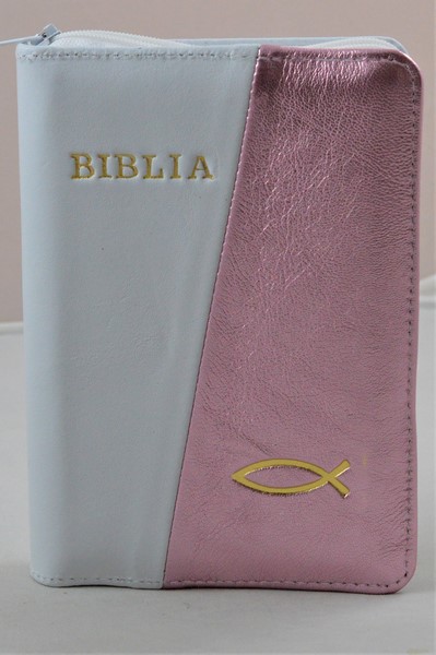 Biblie din piele, mica, alb/roz sidefat, fermoar, margini albe, simbolul peste, cuv. lui Isus in rosu [043 PF]