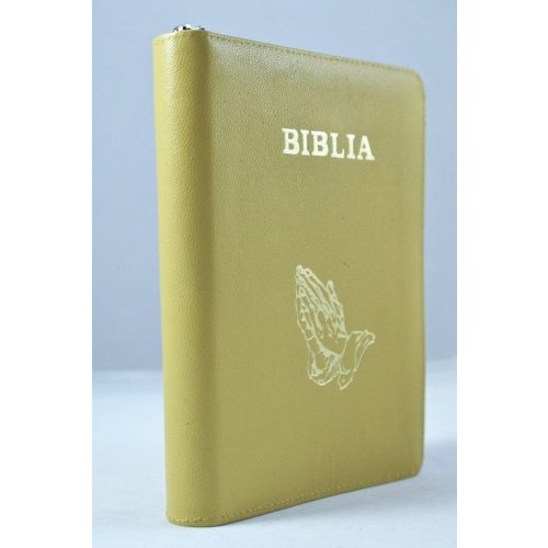 Biblie din piele, marime medie, galben, simbol maini in rugaciune, fermoar, index, margini aurii, cuv. lui Isus cu rosu [SB 057 PFI]