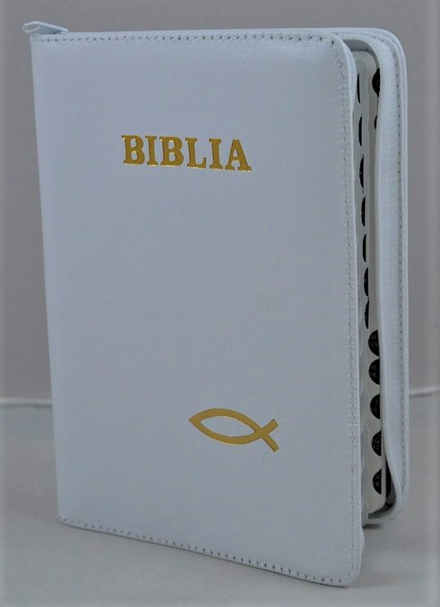 Biblie din piele, marime medie,alb cu peste, fermoar, index, margini argintii, cuv. lui Isus cu rosu [SB 057 PFI]